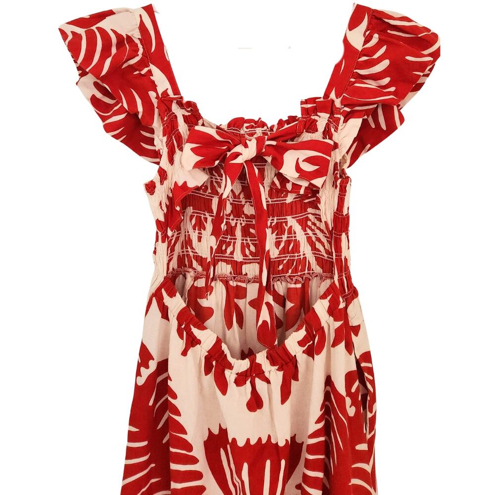 SEA‎ NY Maxi Dress Henrietta Ruby Red White Floral Smocked Bow Cutout Back Sz M - Picture 6 of 11